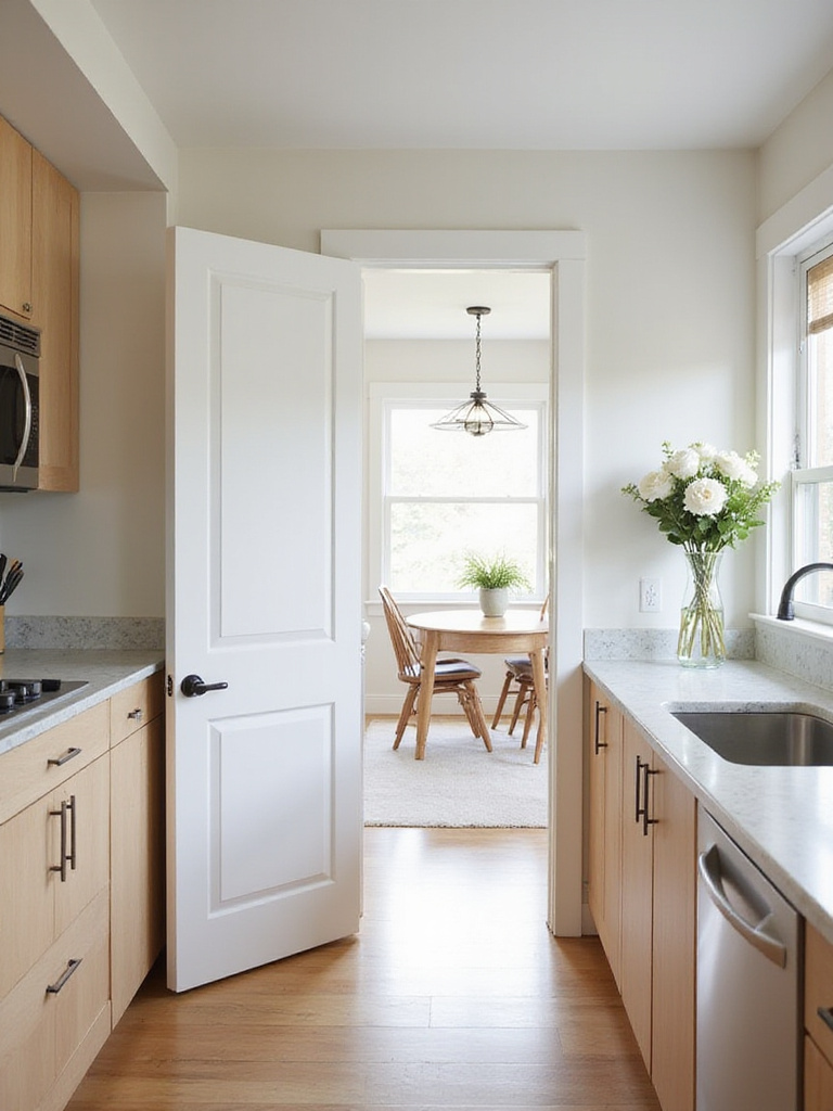 Small kitchen with white pocket door leading to dining room, maximizing space.