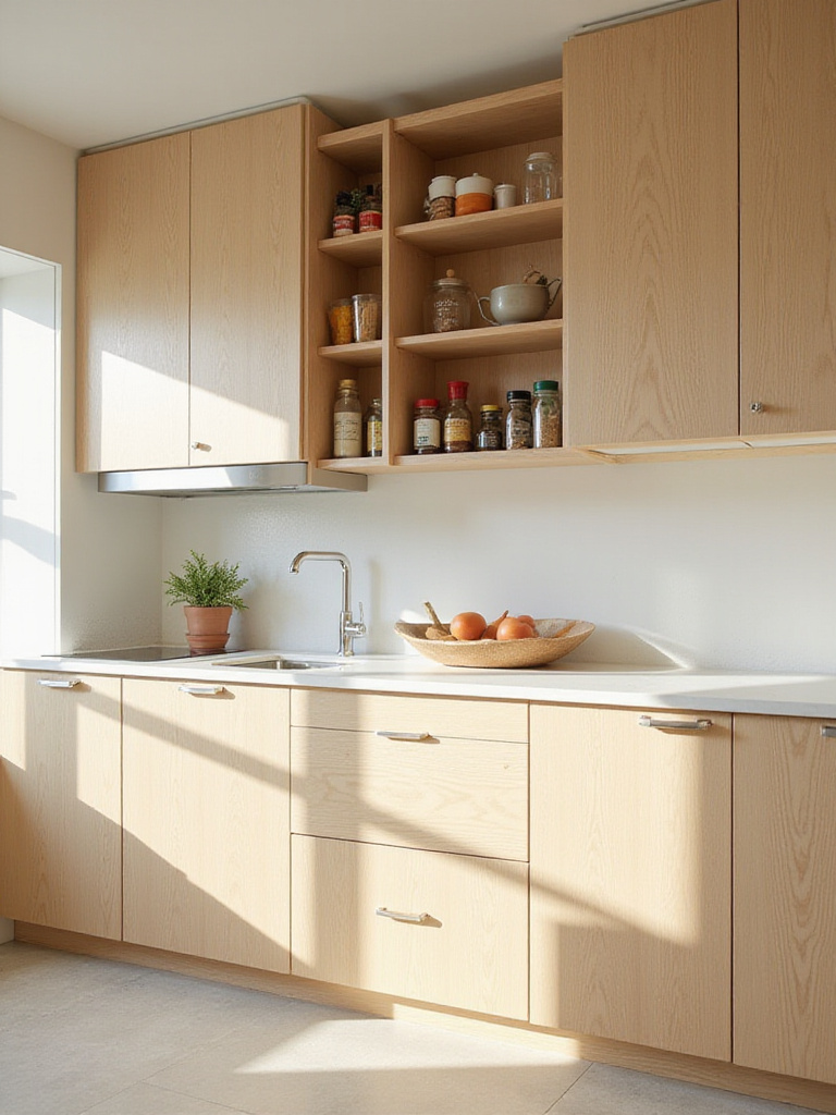 Small kitchen with shallower upper cabinets to maximize space
