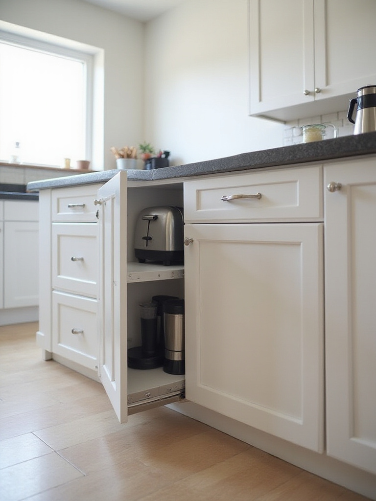 Kitchen island with roll-up door concealing toaster and blender, maximizing counter space.