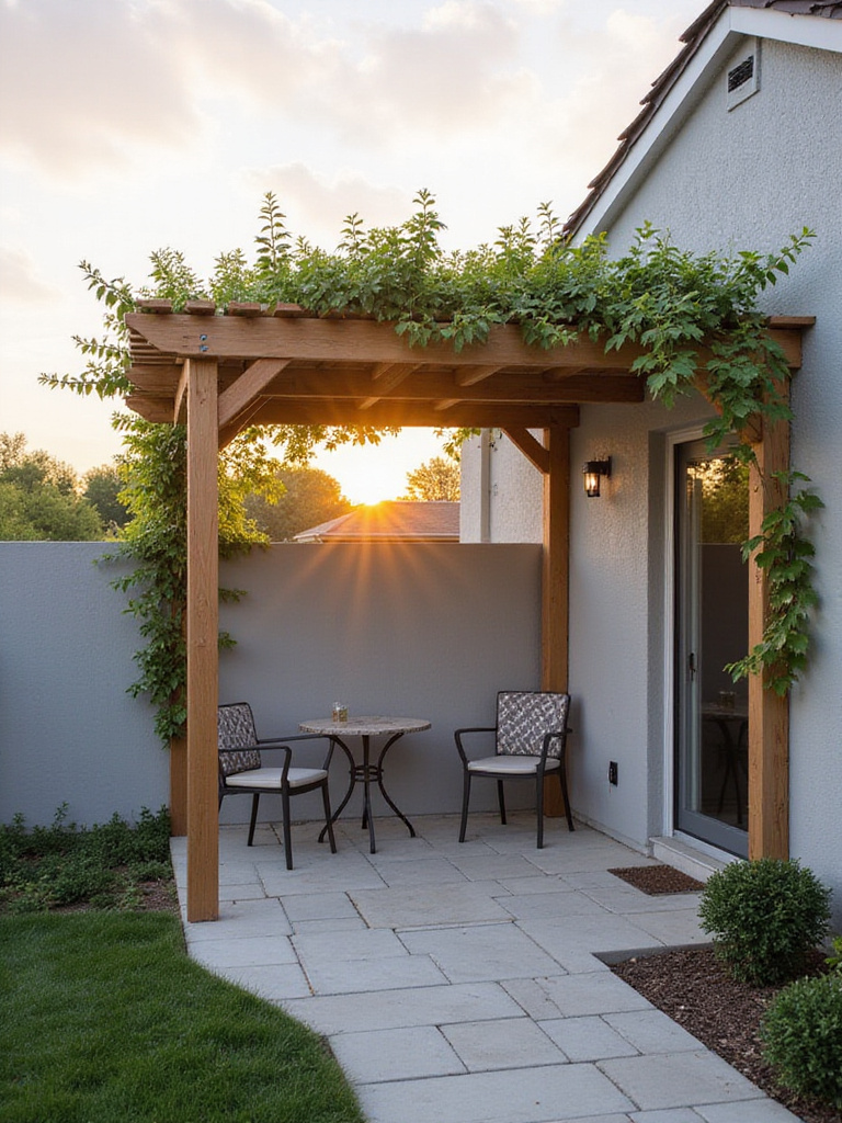 Small patio with wall-mounted pergola and climbing jasmine.