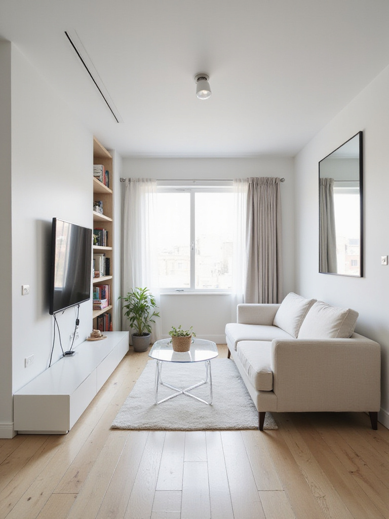 Small living room design maximizing space with light colors, a mirrored wall, and multi-functional furniture.