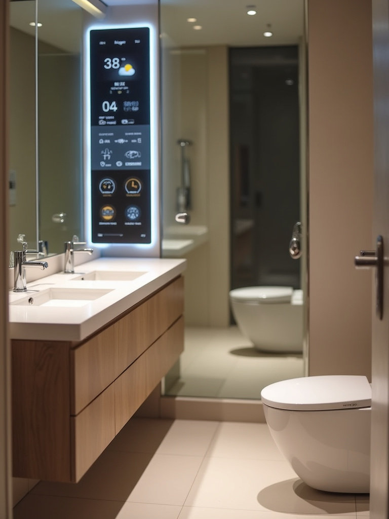 Smart bathroom with smart mirror and toilet featuring modern technology for comfort and convenience.