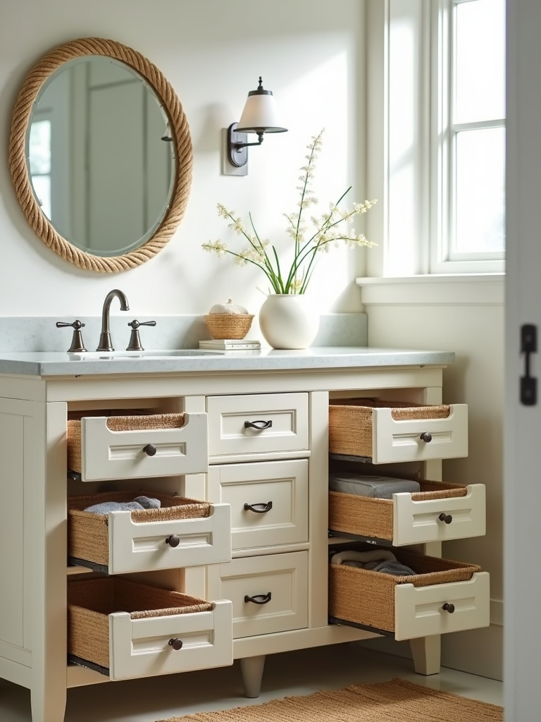 Smart coastal vanity with pull-out drawers and reclaimed wood, maximizing storage in a bright bathroom.