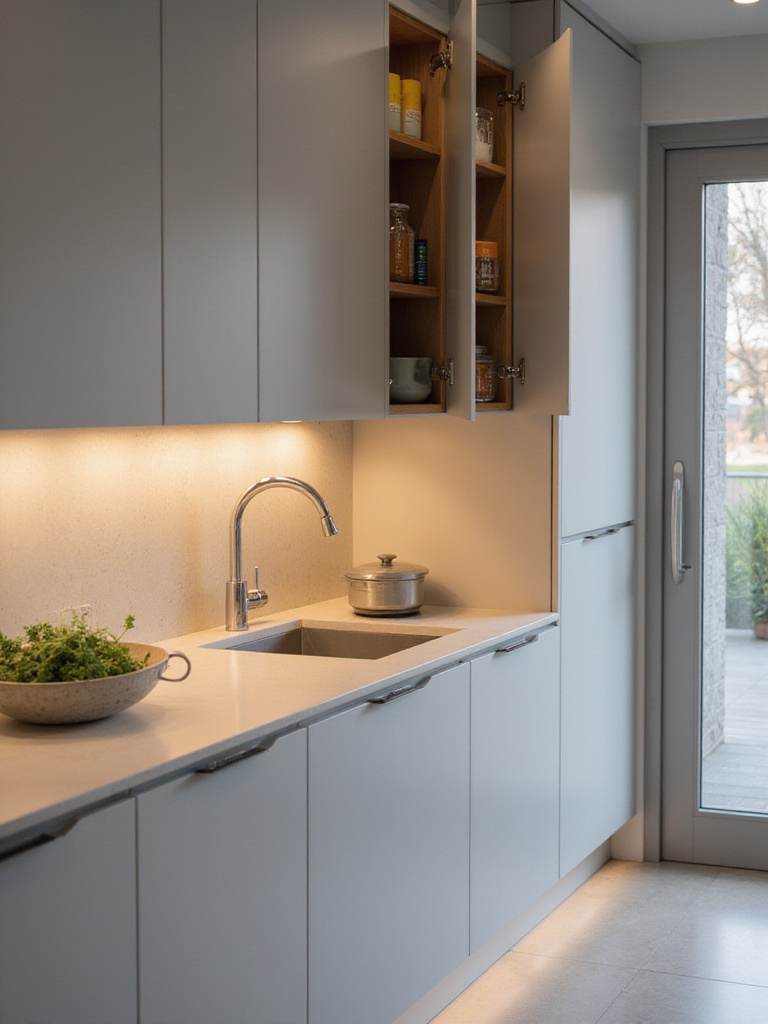 Contemporary kitchen with smart cabinets featuring automated lighting and integrated charging station.