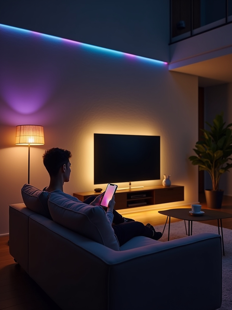 Smart lighting system in a living room controlled by a smartphone.