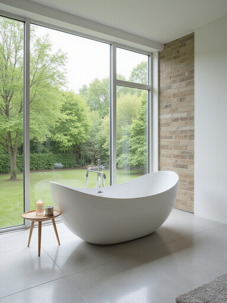 Modern bathroom with freestanding bathtub and garden view