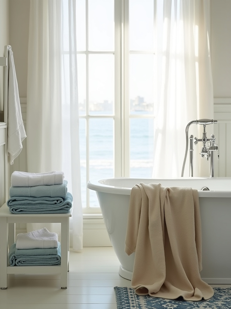 Coastal bathroom design with linen throw, cotton towels, and blue patterned rug.