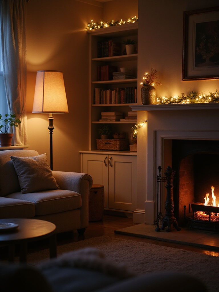 Cozy living room with soft, layered lighting creating a warm and inviting atmosphere.