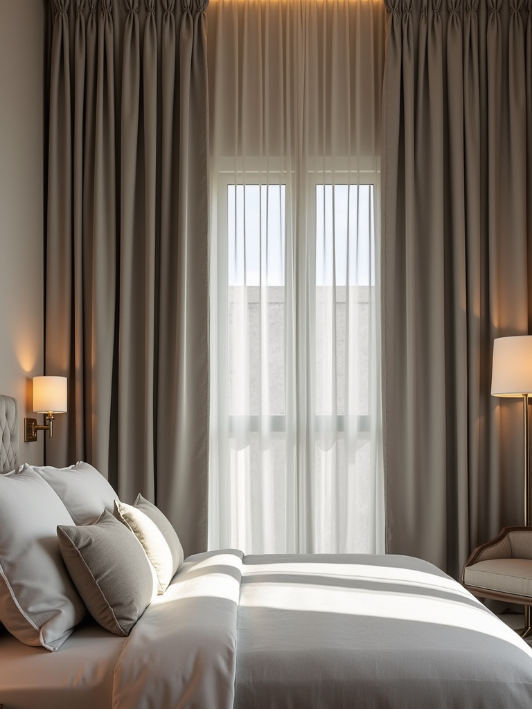 Elegant bedroom with soft gray drapes behind the bed.