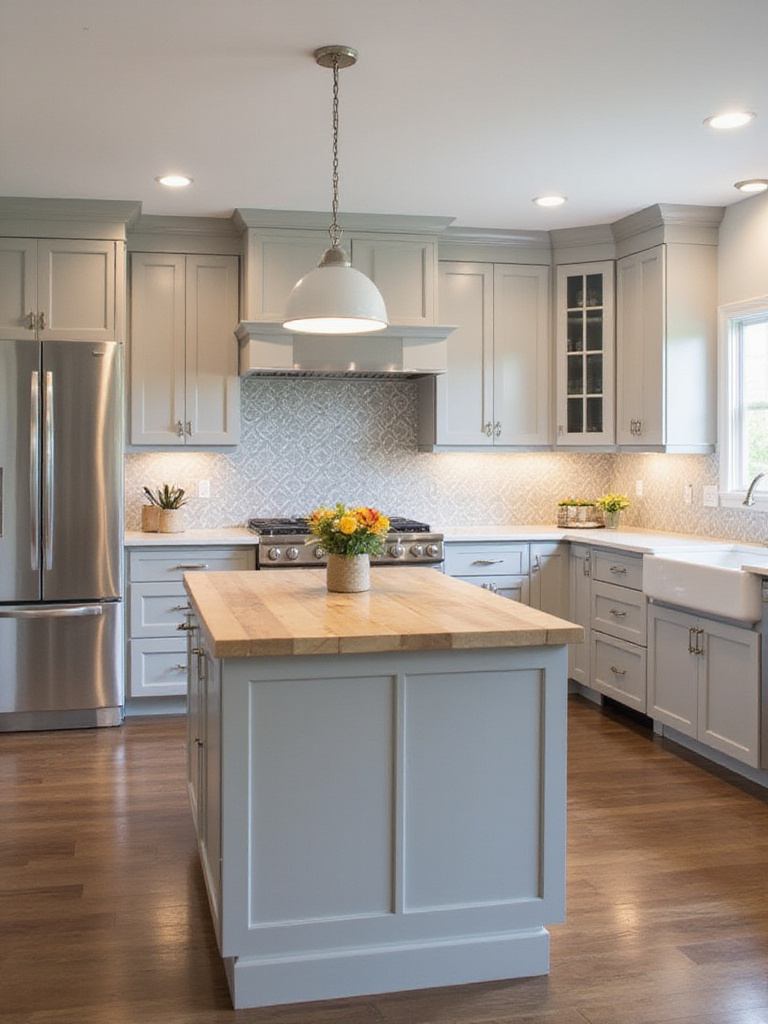 Modern kitchen with light gray cabinets, white countertops, and stainless steel appliances.