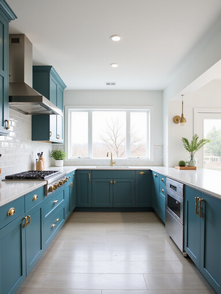 Modern kitchen with sophisticated teal blue cabinets and brushed gold hardware.