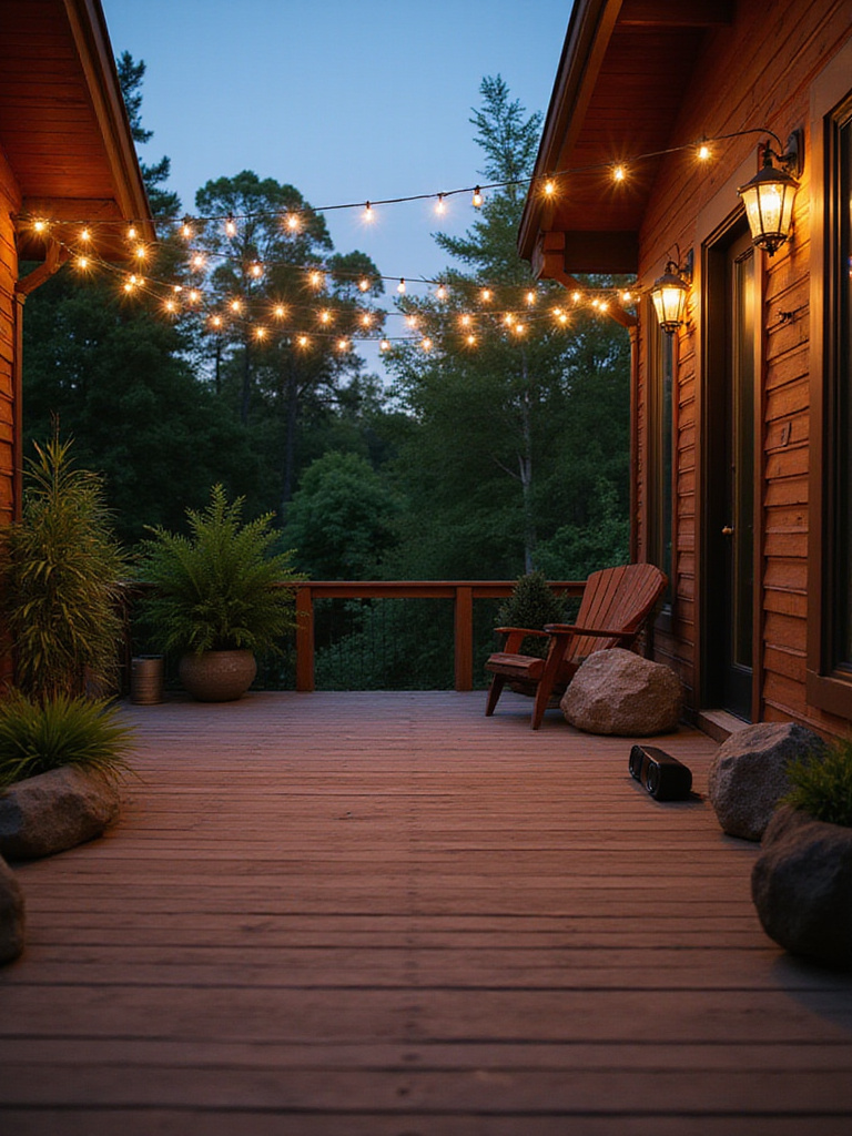 Outdoor deck decorated with string lights and camouflaged outdoor speakers.