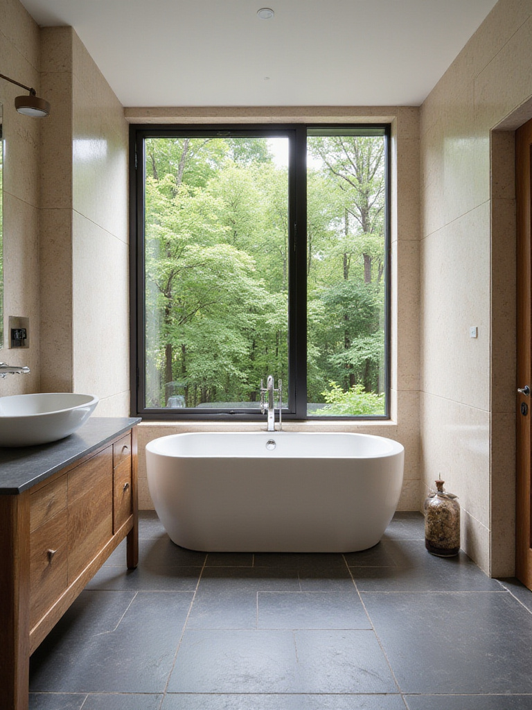 Spa-like bathroom featuring natural stone, freestanding tub, and lush greenery.