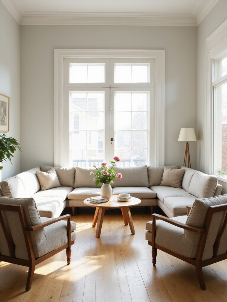 Living room furniture layout designed for conversation with a U-shaped seating arrangement.