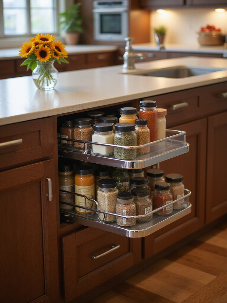 Kitchen island with a spice rack pull-out showcasing organized spice jars.