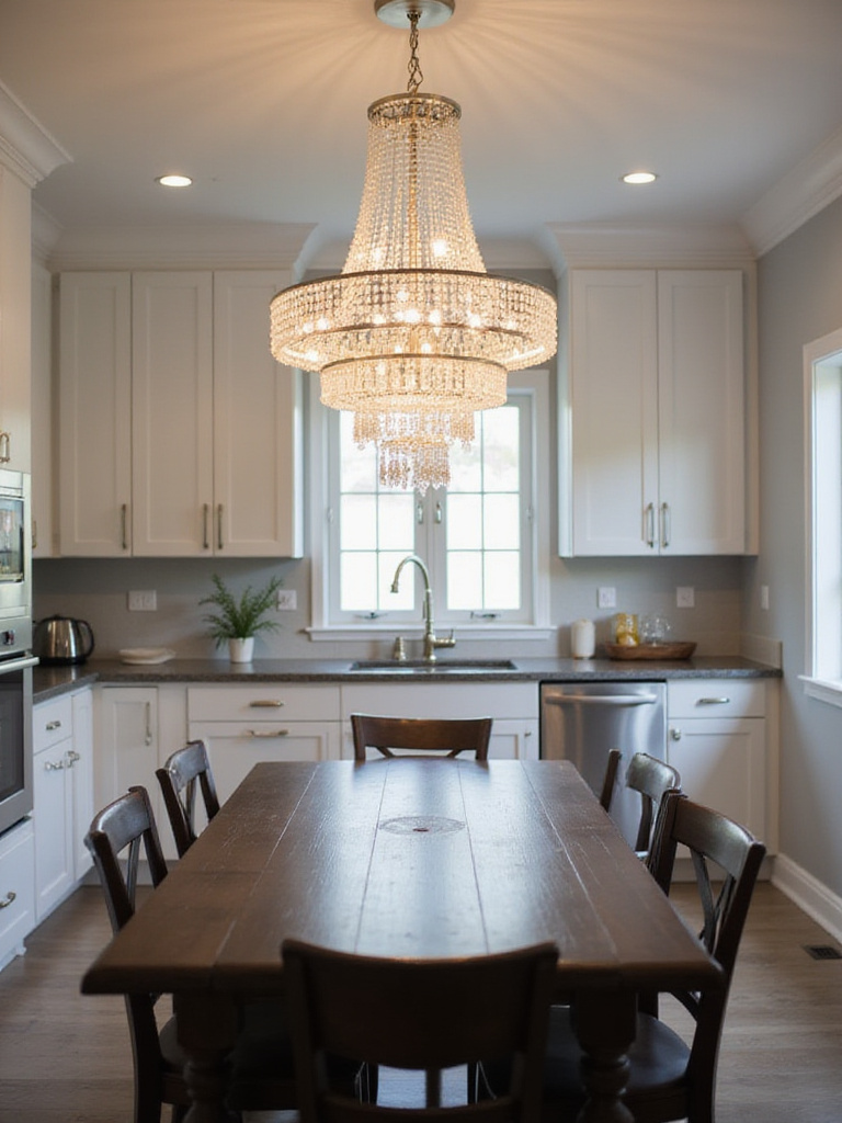 Elegant kitchen with a statement crystal chandelier hanging above a dark wood dining table.