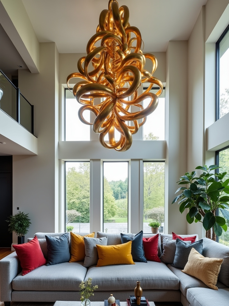 Statement chandelier above seating area in modern living room