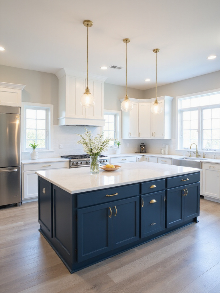 Modern kitchen island with dark blue cabinets and waterfall countertop.