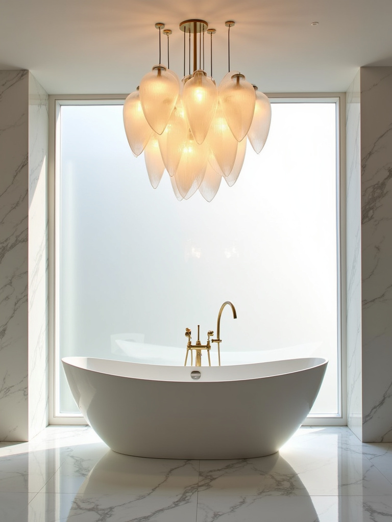 Modern bathroom with sculptural chandelier above freestanding bathtub