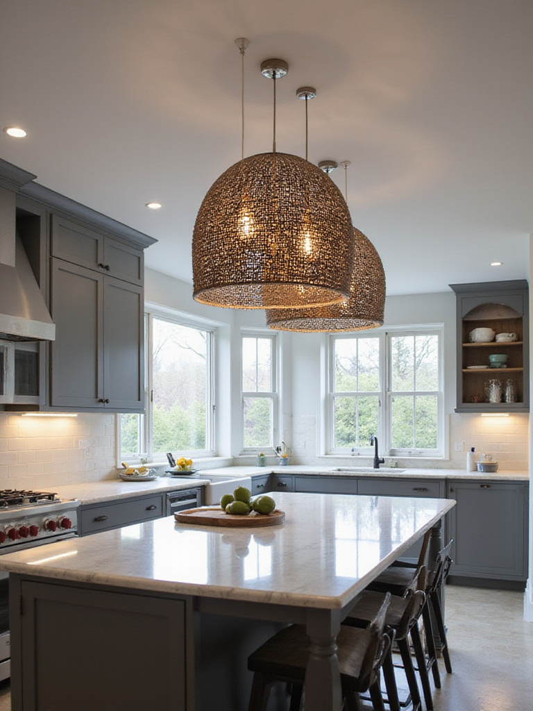 Modern kitchen with a sculptural pendant light above a marble island.
