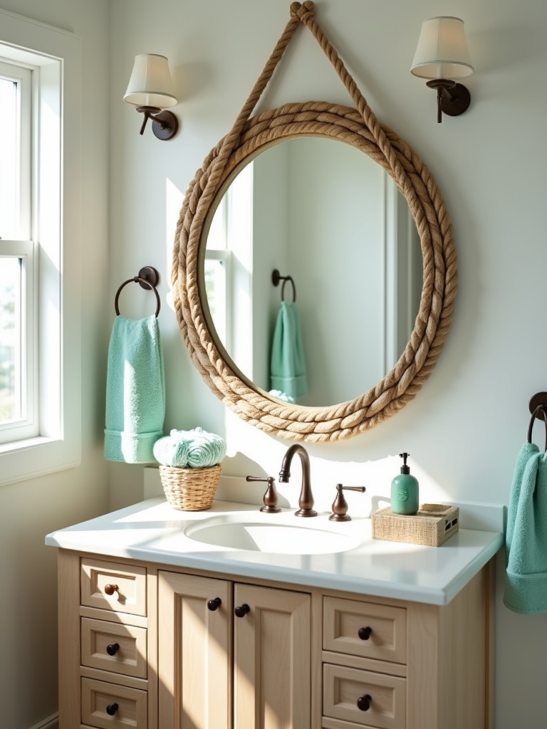 Coastal bathroom with a round rope-framed statement mirror above a light wood vanity.