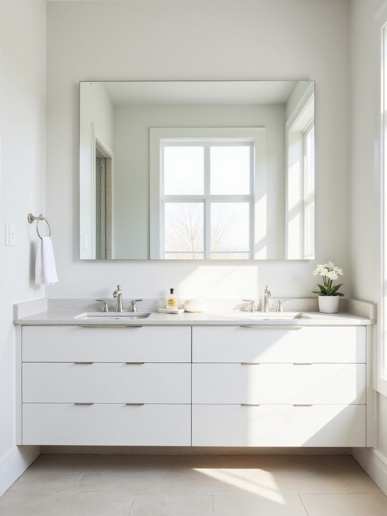 Bathroom with large mirror above vanity reflecting natural light