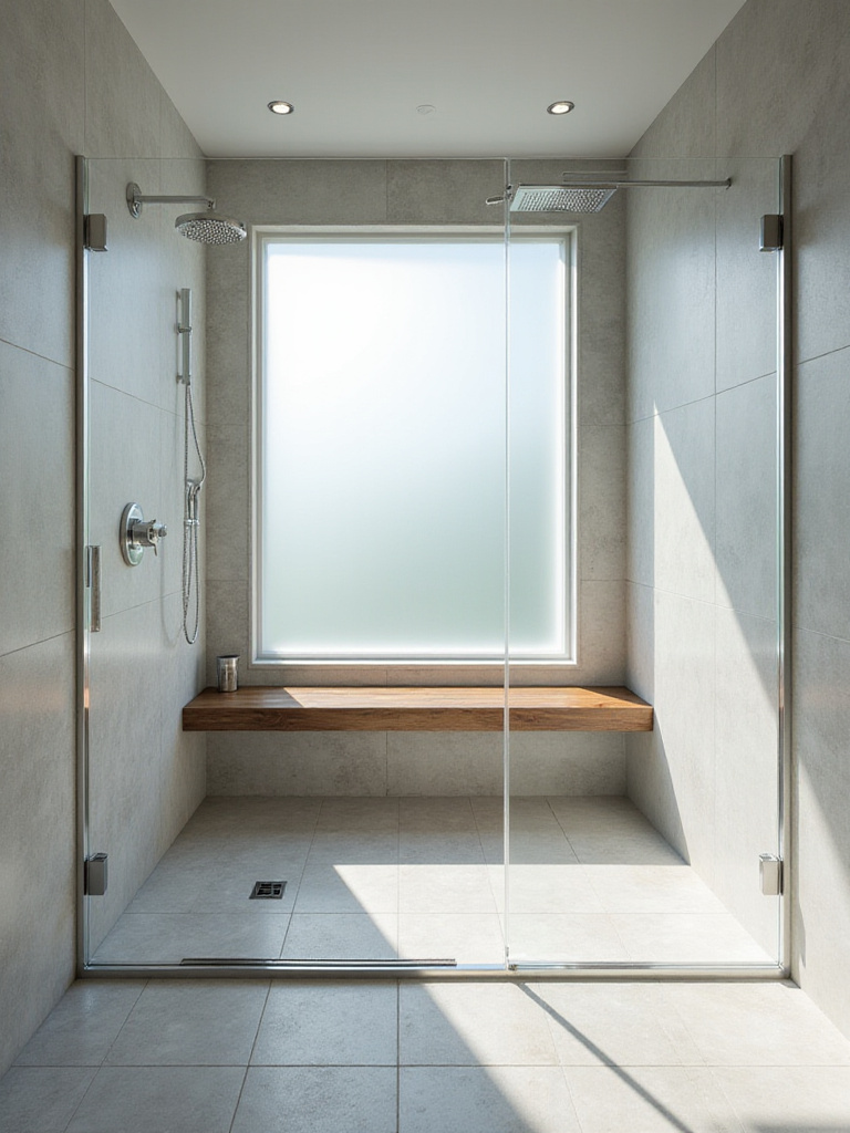 Modern walk-in shower with frameless glass and teak bench