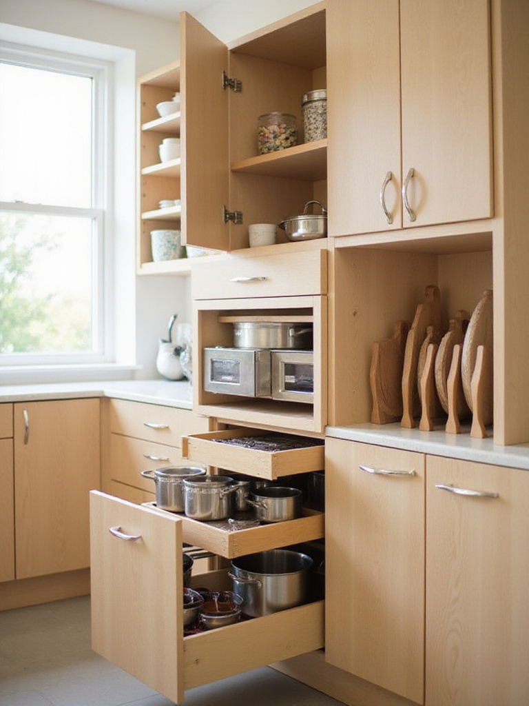 Small kitchen with pull-out drawers and vertical organizers for efficient storage.