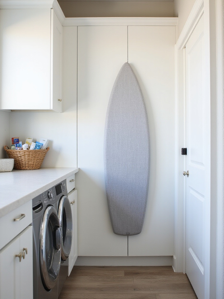 Wall-mounted ironing board folded into a cabinet in a modern laundry room.