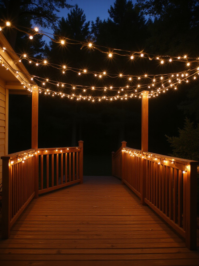 Deck decorated with warm white string lights, creating a cozy outdoor space