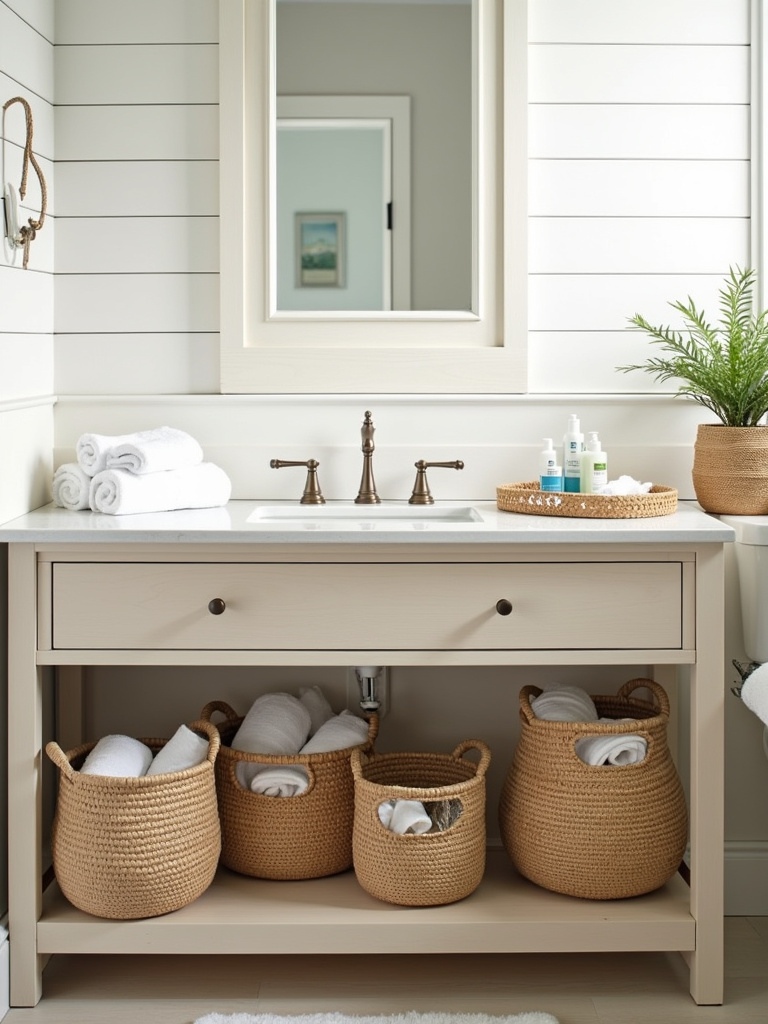 Coastal bathroom with woven baskets and natural material storage for a serene and organized space.