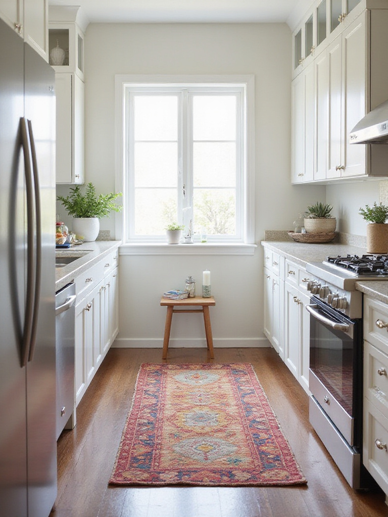 Colorful runner rug in front of a kitchen sink.