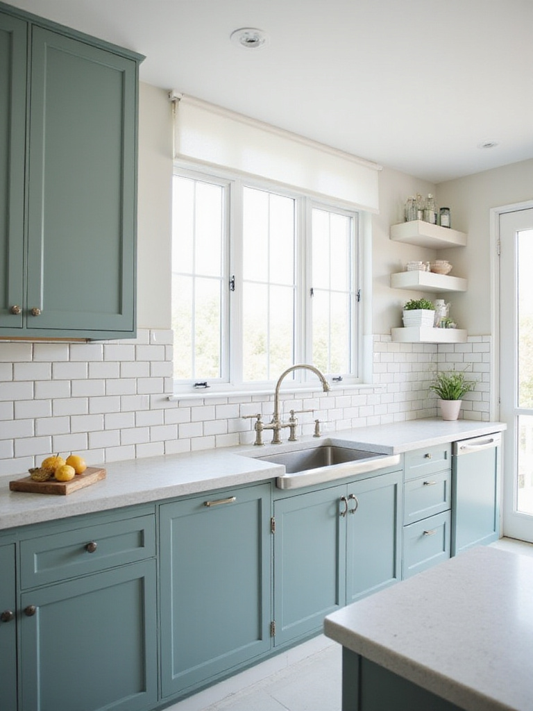 Modern kitchen with white herringbone subway tile backsplash and teal cabinets