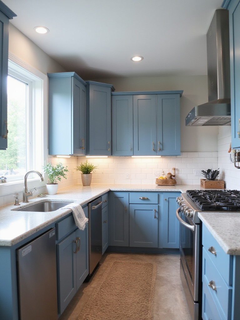 Blue kitchen cabinets with white subway tile backsplash and light gray grout.