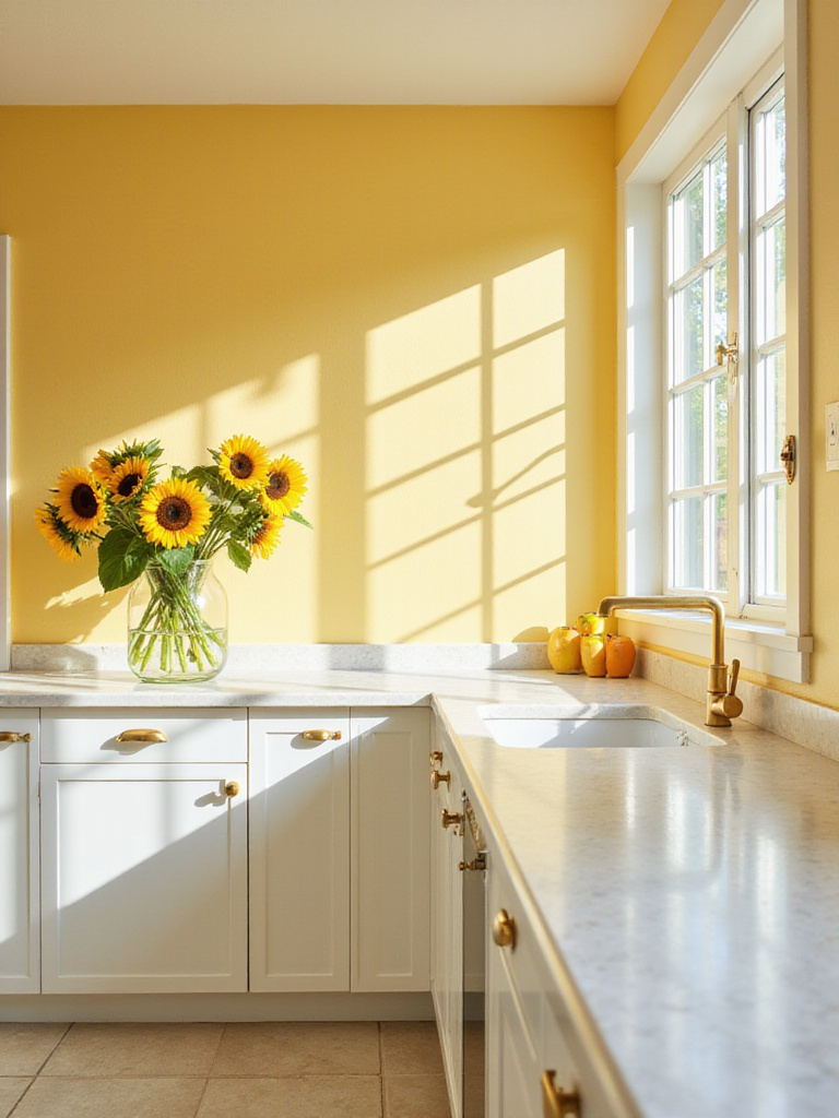 Kitchen with warm yellow walls and white cabinets, creating a bright and inviting space