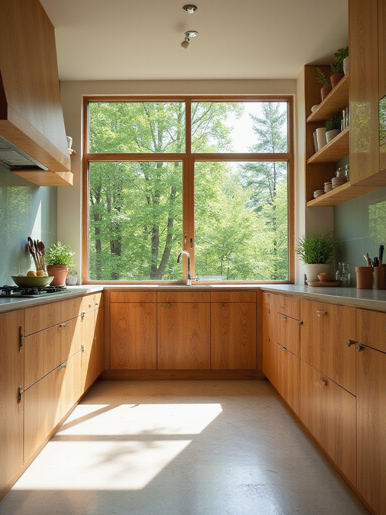 Sustainable kitchen with organic wood cabinets and view of a forest, emphasizing eco-friendly design.