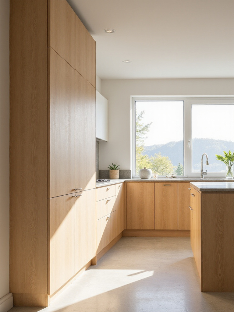 Modern kitchen with sustainable bamboo cabinets and recycled glass countertops.
