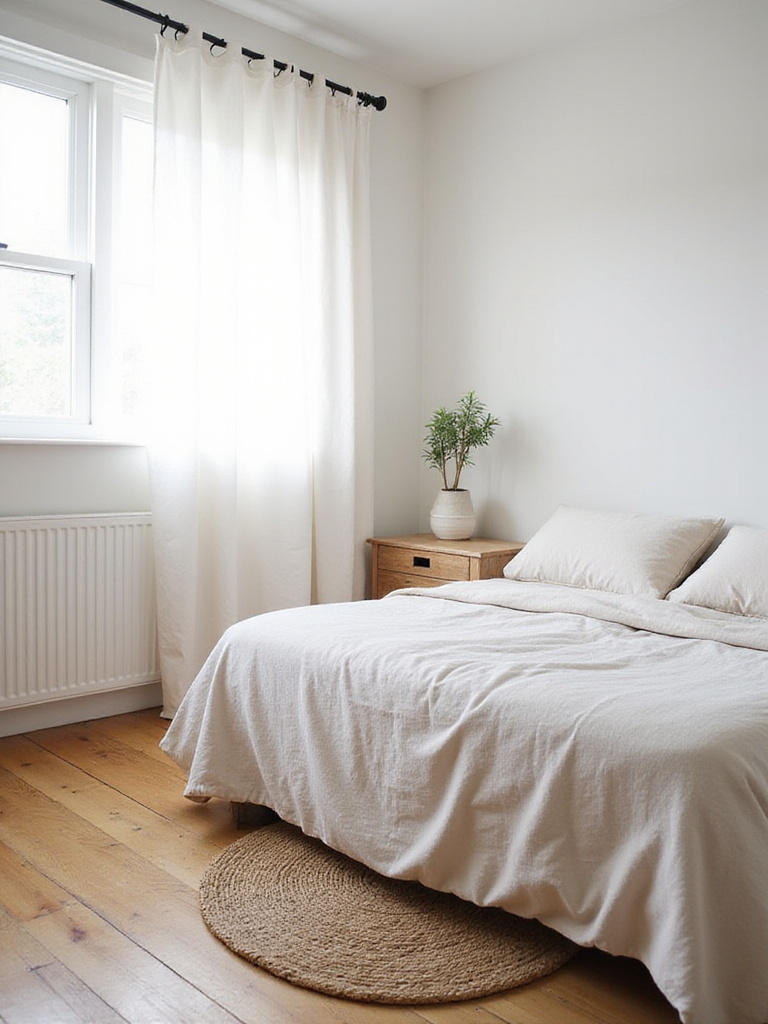 Sustainable bedroom decor with organic bedding, reclaimed wood nightstand, and jute rug.