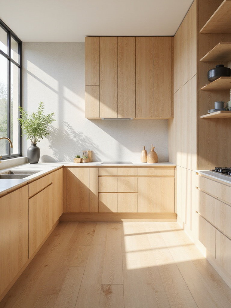 Sustainable kitchen featuring organic maple cabinets made from responsibly sourced wood.