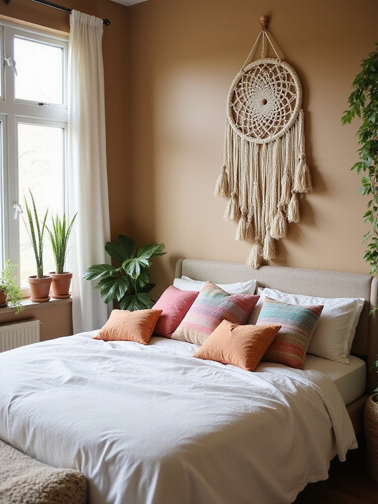 Boho bedroom featuring a large dream catcher hanging above a bed with linen bedding.