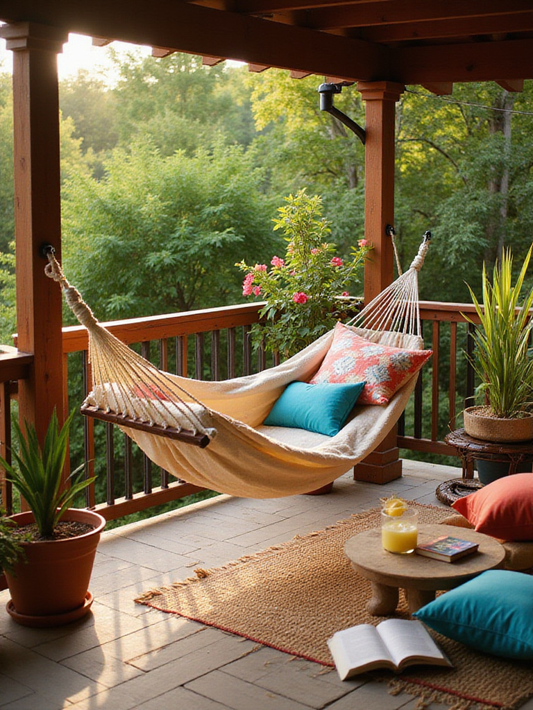 Relaxing hammock swaying on a beautifully decorated deck