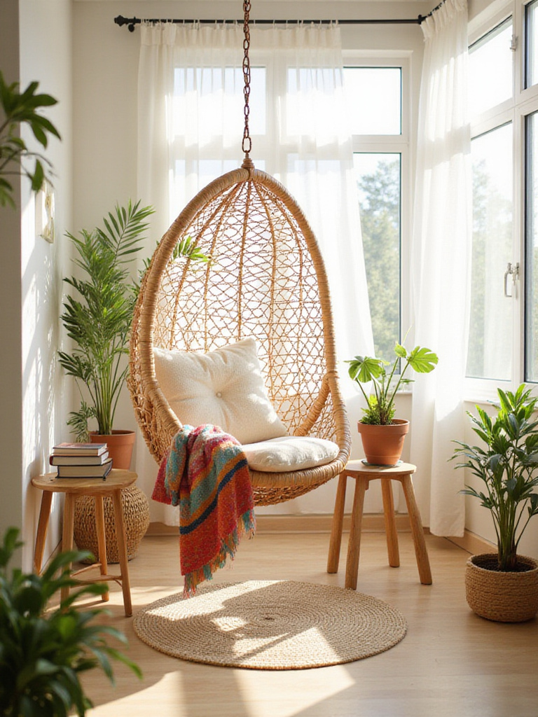 Boho bedroom with a rattan hanging chair for relaxing comfort