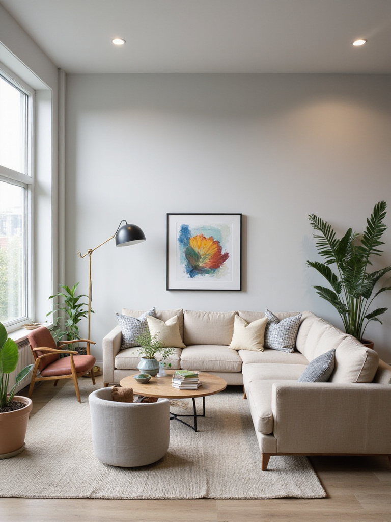 Asymmetrical living room layout with a sectional sofa, armchairs, and a floor lamp balancing the space.