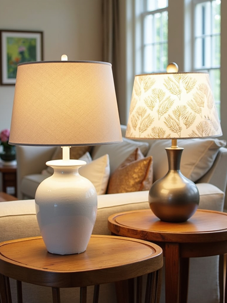 Living room with two different table lamps on side tables, providing task and ambient lighting.