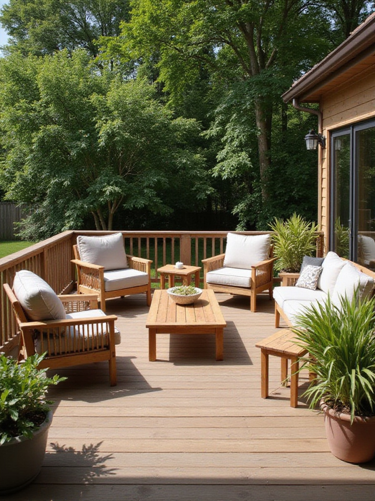 Outdoor deck with teak coffee table and acacia side tables