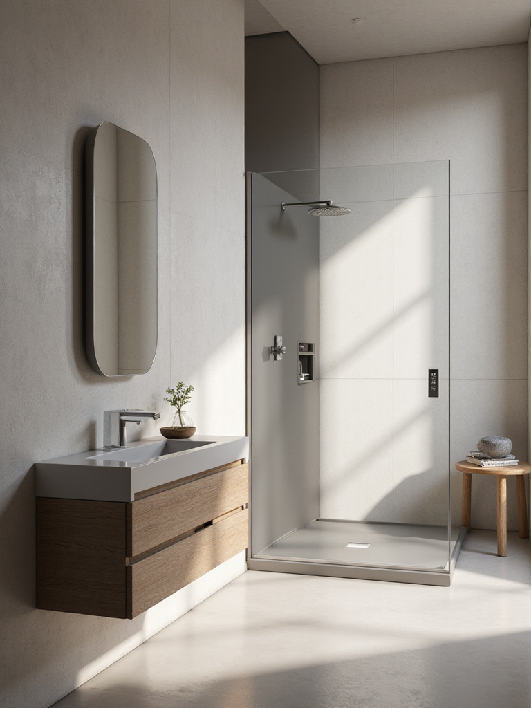 Modern bathroom with smart mirror and shower system