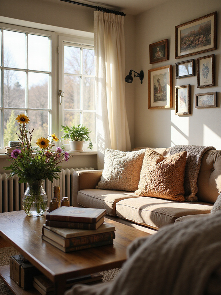 Cozy living room with personal touches like family photos, travel souvenirs, and books.