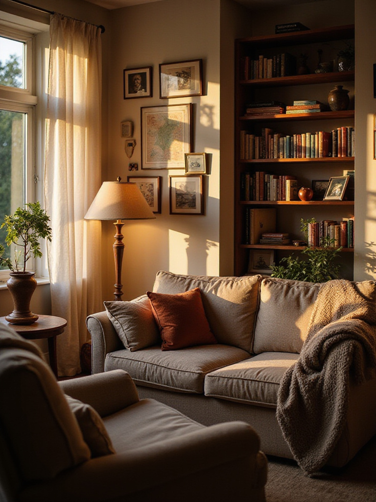 Cozy living room with a personalized gallery wall, bookshelf, and comfortable seating.