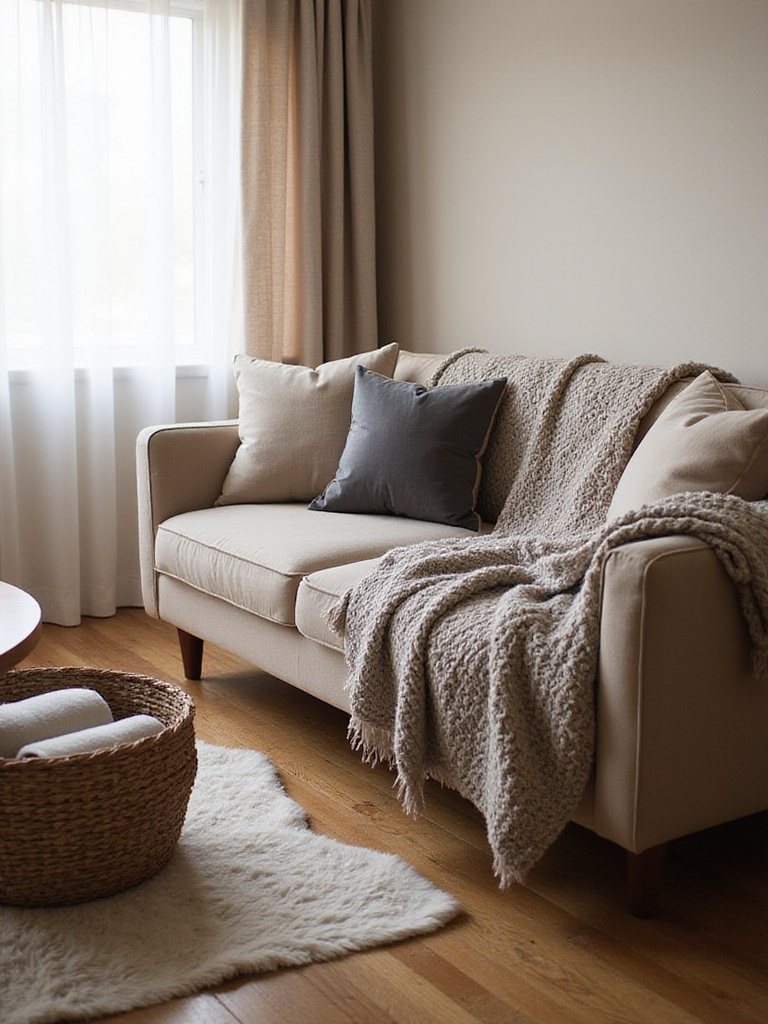 Cozy living room with layered textures: velvet pillows, knit blanket, and faux fur rug.