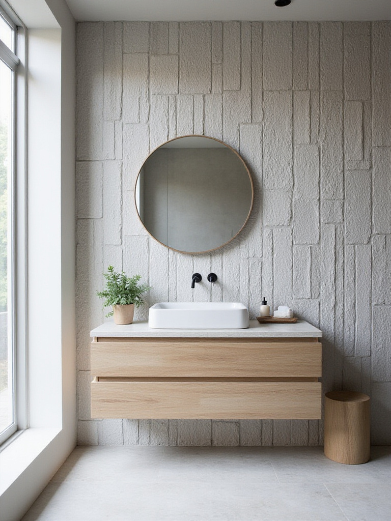 Modern bathroom with light grey stacked stone textured accent wall.